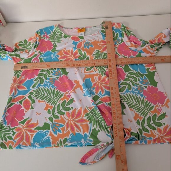 Ruby Rd Floral Shirt Womens Size 2X Green Colorful Tropical Stretch Waist Tie - Picture 8 of 10